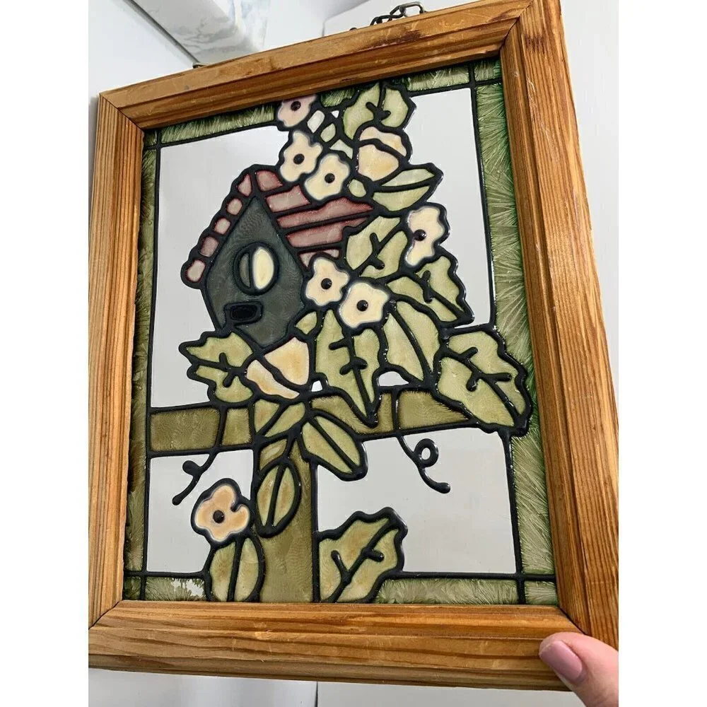 Wood Framed Vibrant Birdhouse & Flowers Stained Glass Wall Art 11.5x9.5 Vintage